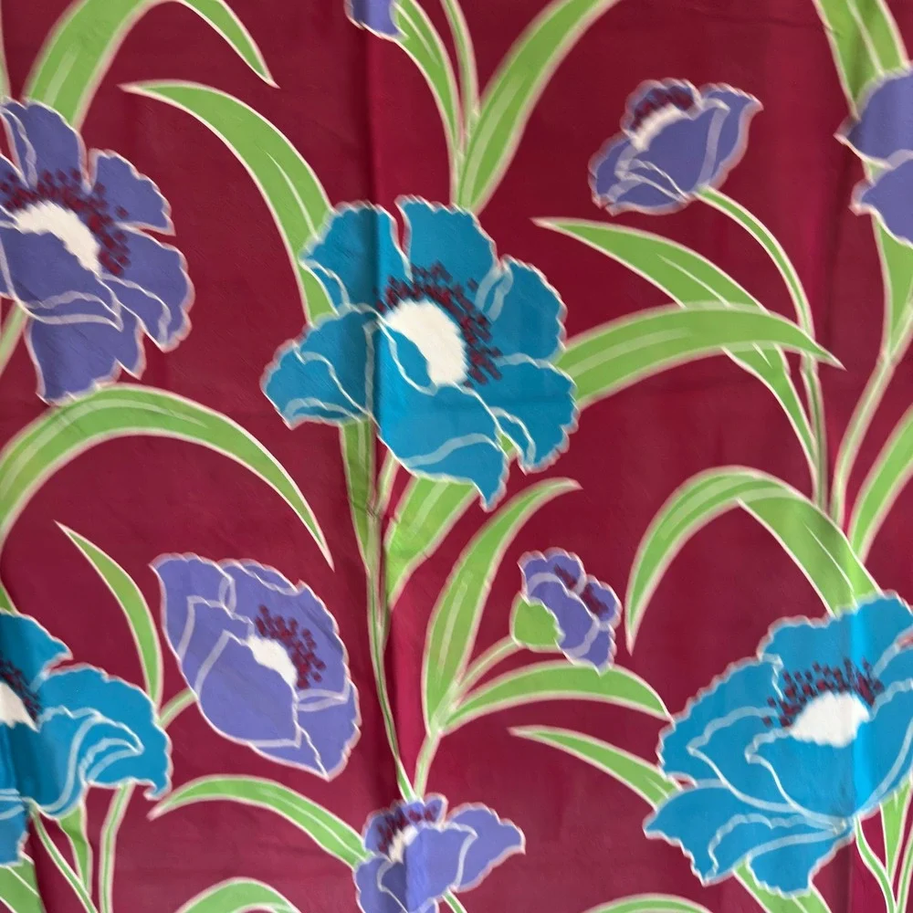Hattie Carnegie Scarf Burgundy Blue Silk Floral‎ Poppy Print Vintage 27